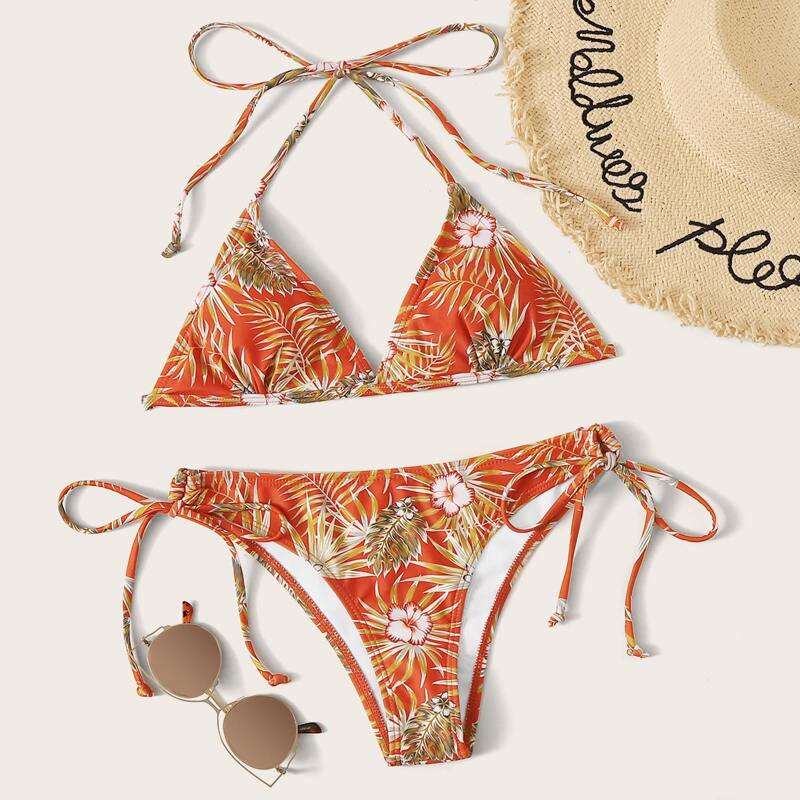 

Tropical Triangle Tie Side Bikini Swimsuit, Multicolor