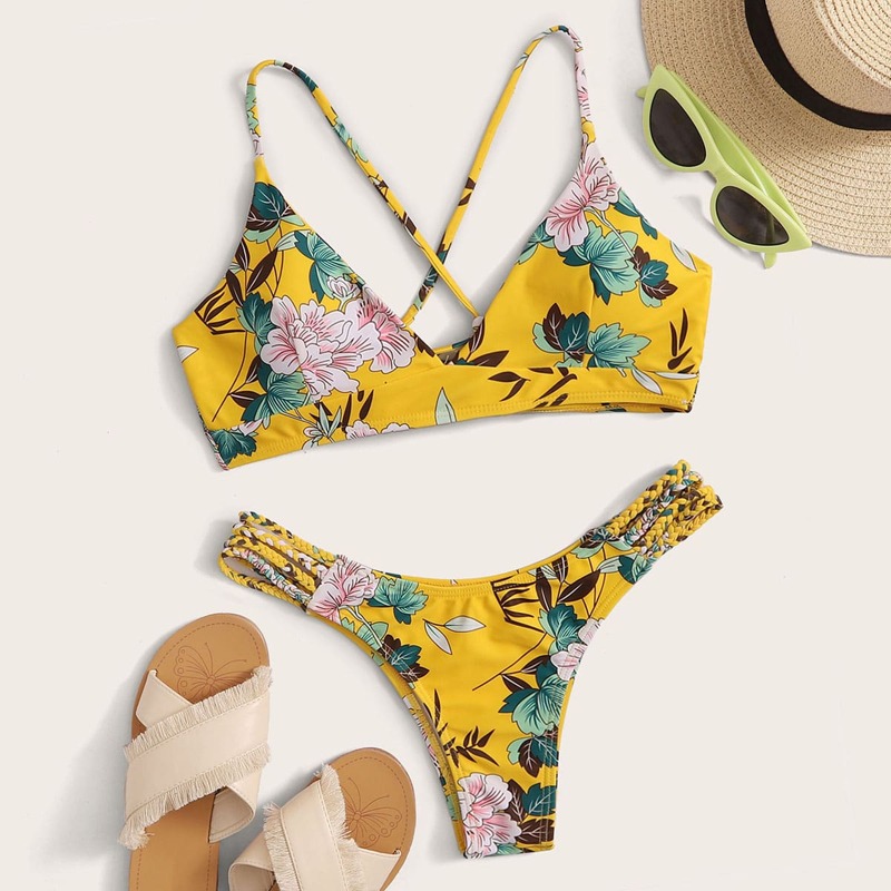 

Floral Random Print High Cut Bikini Swimsuit, Multicolor