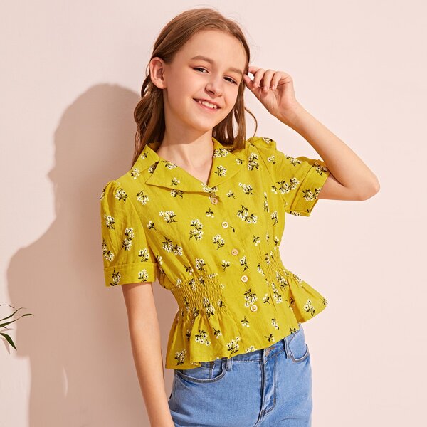 

Girls Button Front Shirred Detail Floral Blouse, Yellow