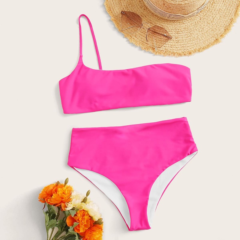 

Neon Pink One Shoulder Top With High Waist Bikini Set, Pink bright
