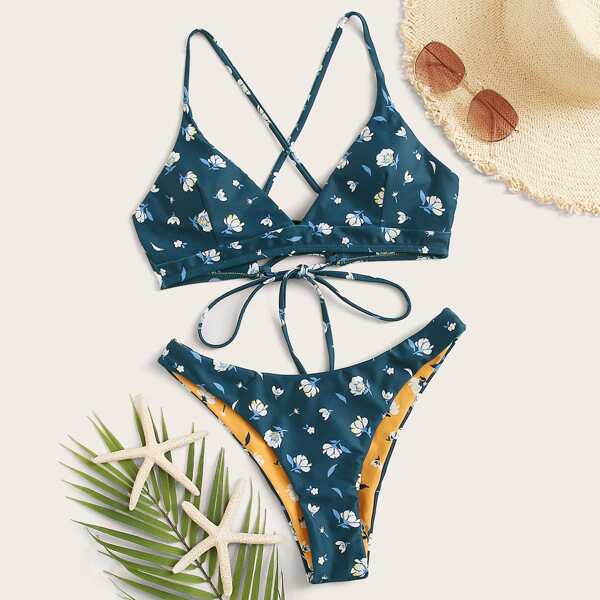 

Floral Random Print Lace-up High Cut Bikini Swimsuit, Green