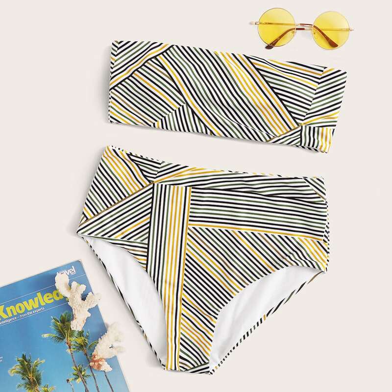 

Striped Bandeau High Waisted Bikini Swimsuit, Multicolor