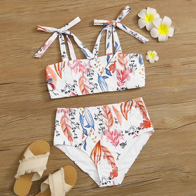 

Leaf Print Tie Shoulder High Waisted Bikini Swimsuit, Multicolor