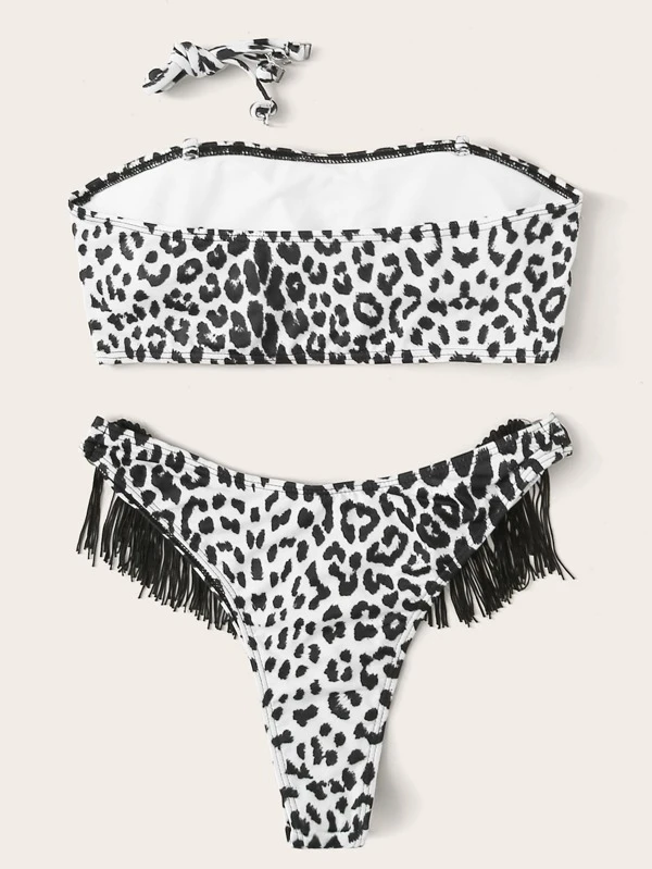 leopard trim bandeau bikini set