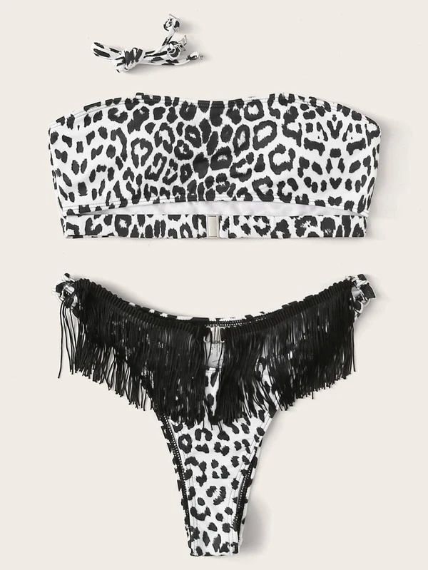 leopard trim bandeau bikini set