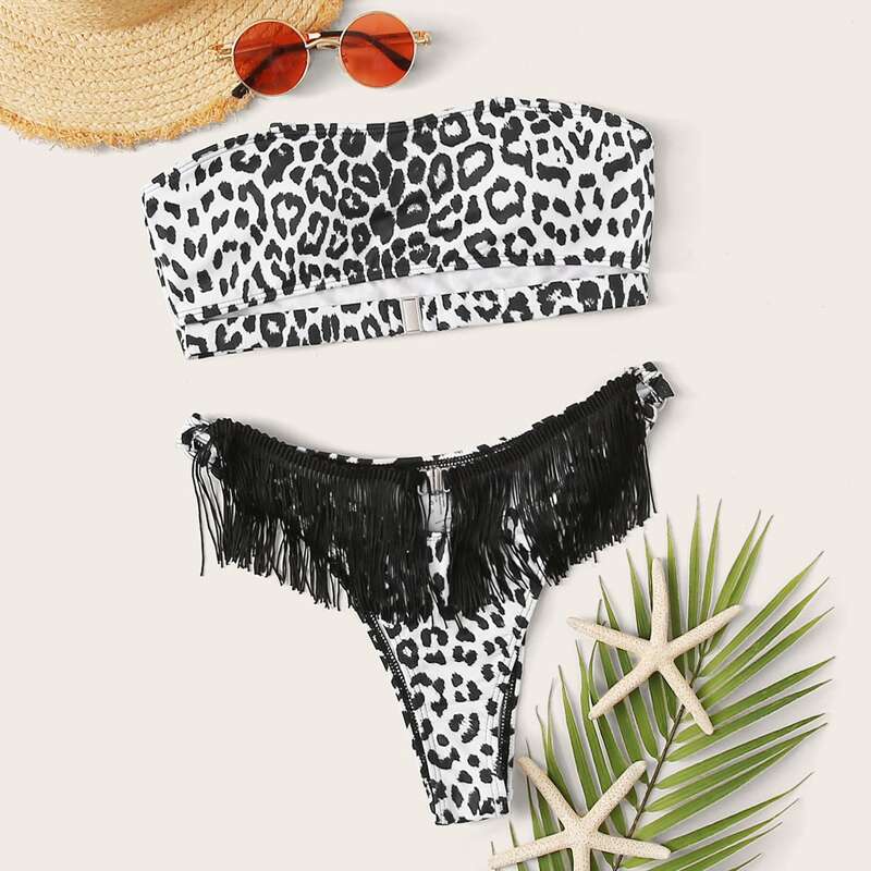 

Leopard Fringe Trim Bandeau Bikini Swimsuit, Black and white