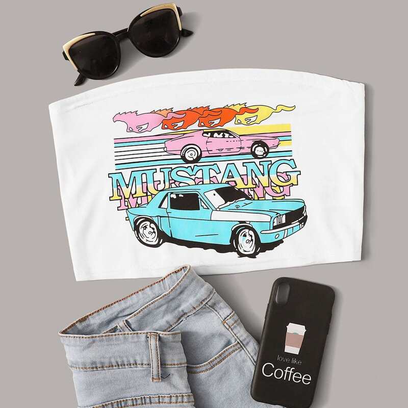 

Car & Letter Graphic Tube Top, White