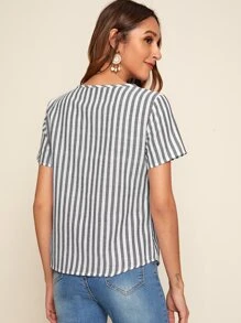 SHEIN Striped Button Detailing Short Sleeve Top - Black and White - View 2