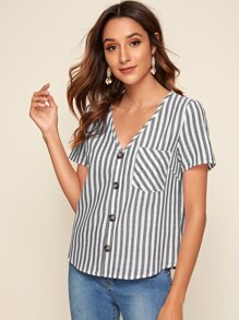 SHEIN Striped Button Detailing Short Sleeve Top - Black and White - View 4