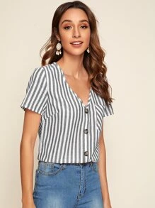 SHEIN Striped Button Detailing Short Sleeve Top - Black and White - View 5