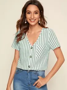 SHEIN Striped Button Detailing Short Sleeve Top - Green - View 1