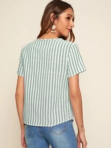 SHEIN Striped Button Detailing Short Sleeve Top - Green - View 2