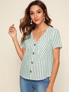 SHEIN Striped Button Detailing Short Sleeve Top - Green - View 4