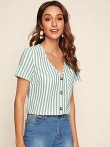 SHEIN Striped Button Detailing Short Sleeve Top - Green - View 5
