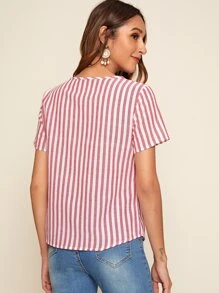 SHEIN Pocket Patched Button Front Striped Top - Red - View 2