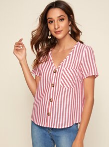 SHEIN Pocket Patched Button Front Striped Top - Red - View 5