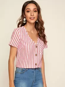SHEIN Pocket Patched Button Front Striped Top - Red - View 1