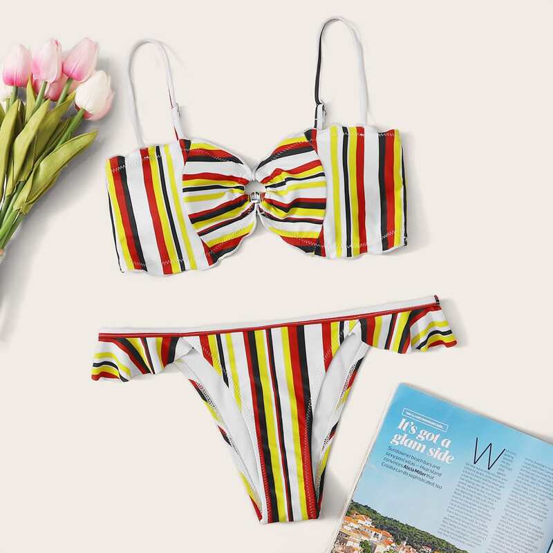 

Multi-color Striped Top With Cheeky Bikini Set, Multicolor