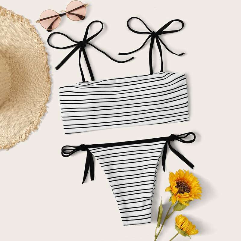 

Knot Shoulder Striped Top With Tie Side Bikini Set, Black and white