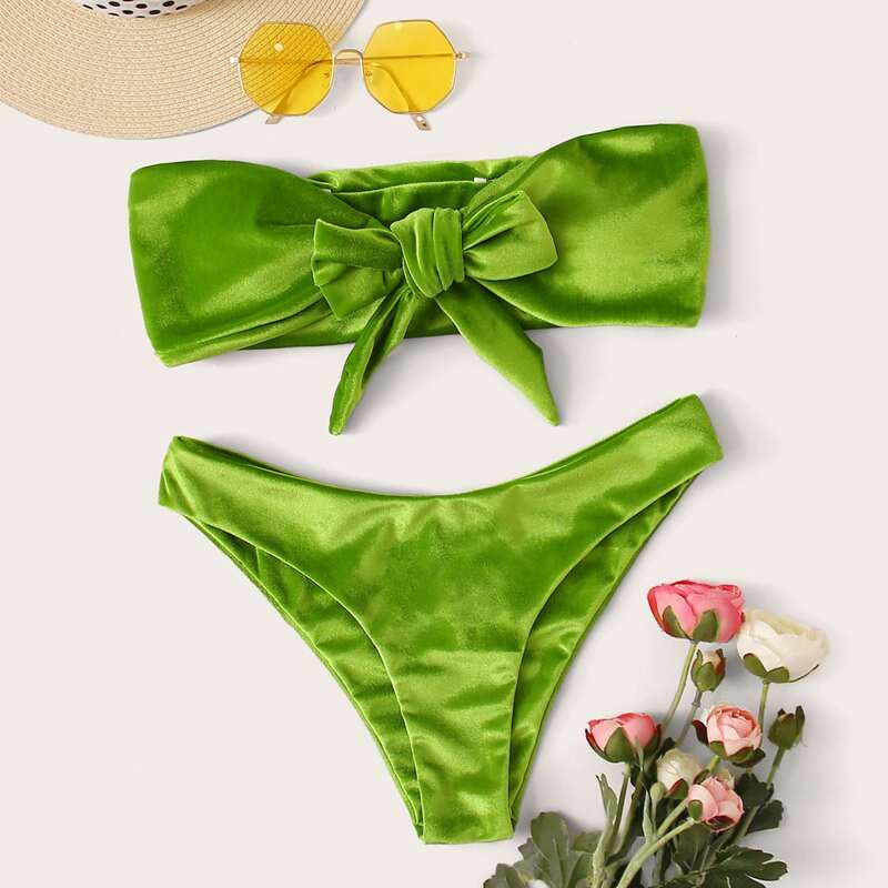 

Velvet Knot Front Bandeau Bikini Swimsuit, Green bright