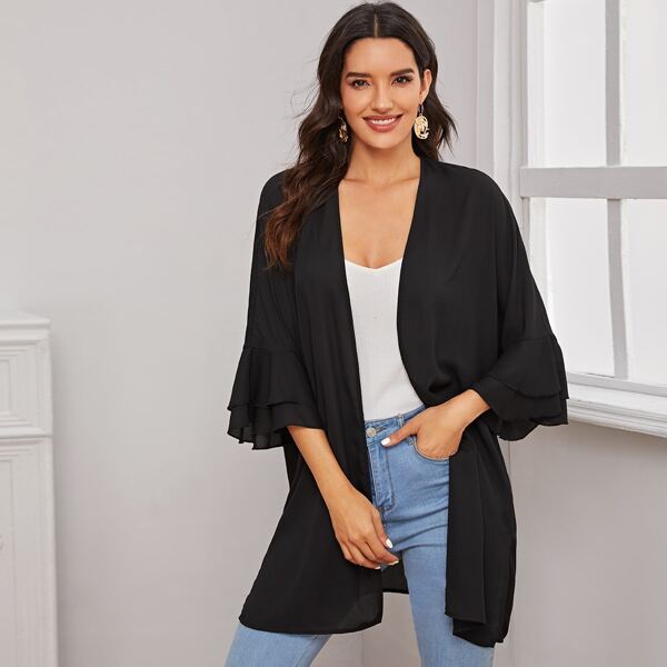 

Layered Ruffle Cuff Self Belted Kimono, Black