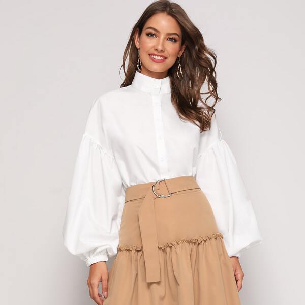

Lantern Sleeve Mock Neck Blouse, White