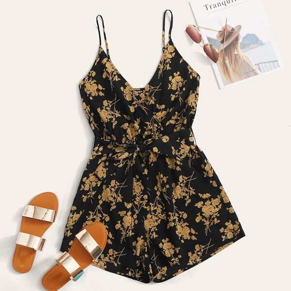 

Ditsy Floral Belted Cami Romper, Multicolor