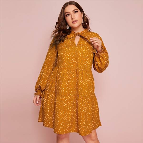 

Plus Tie Neck Ruffle Cuff Lantern Sleeve Smock Dress, Yellow