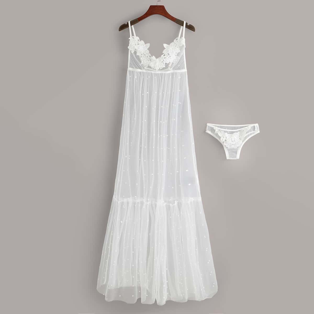 

Polka Dot Contrast Lace Sheer Mesh Slips With Panty, White