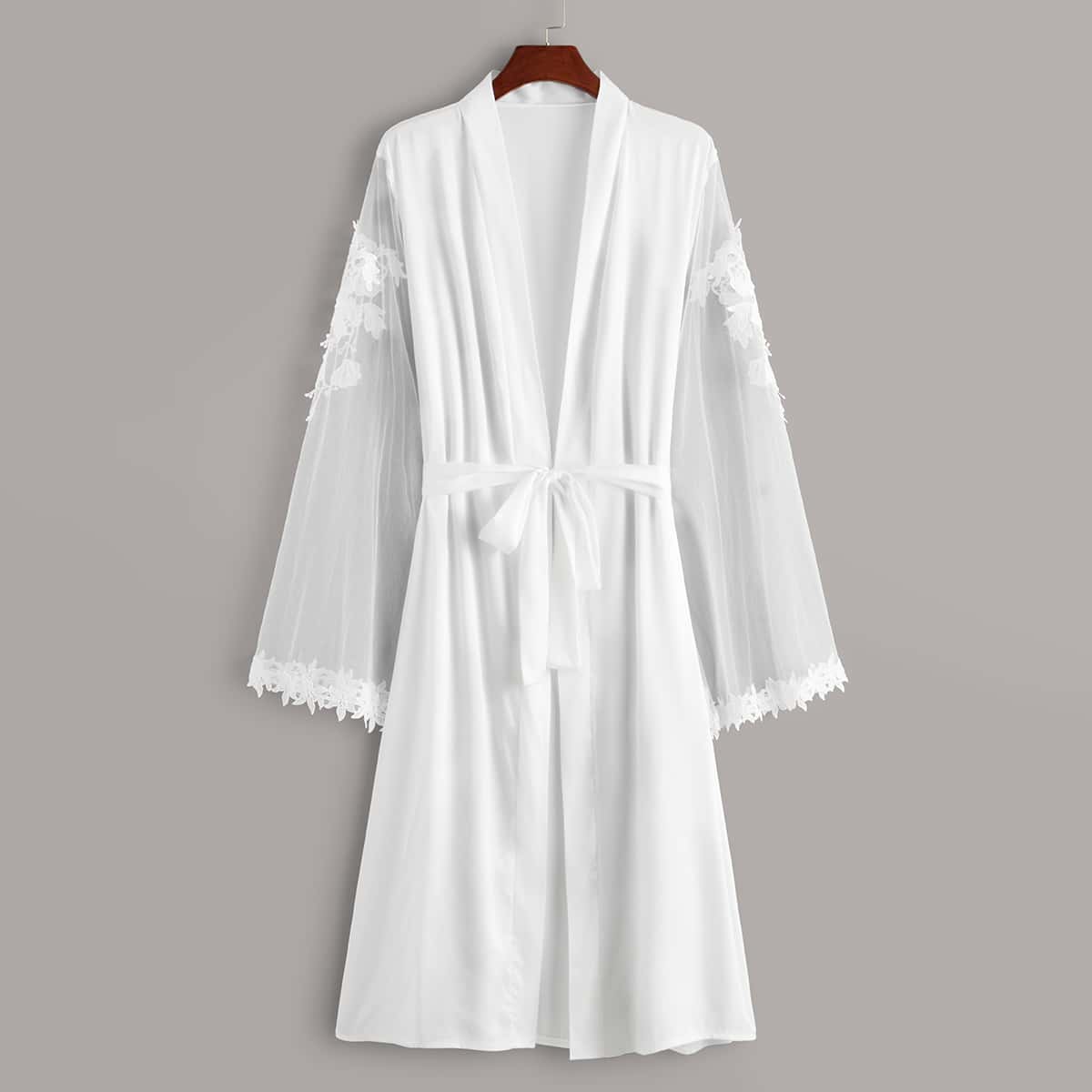 

Appliques Mesh Sleeve Belted Satin Robe, White