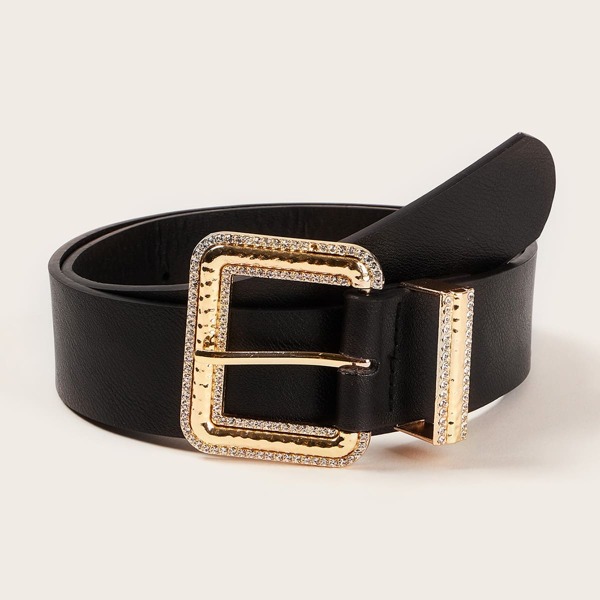 

Rhinestone Engraved Square Buckle Belt, Black