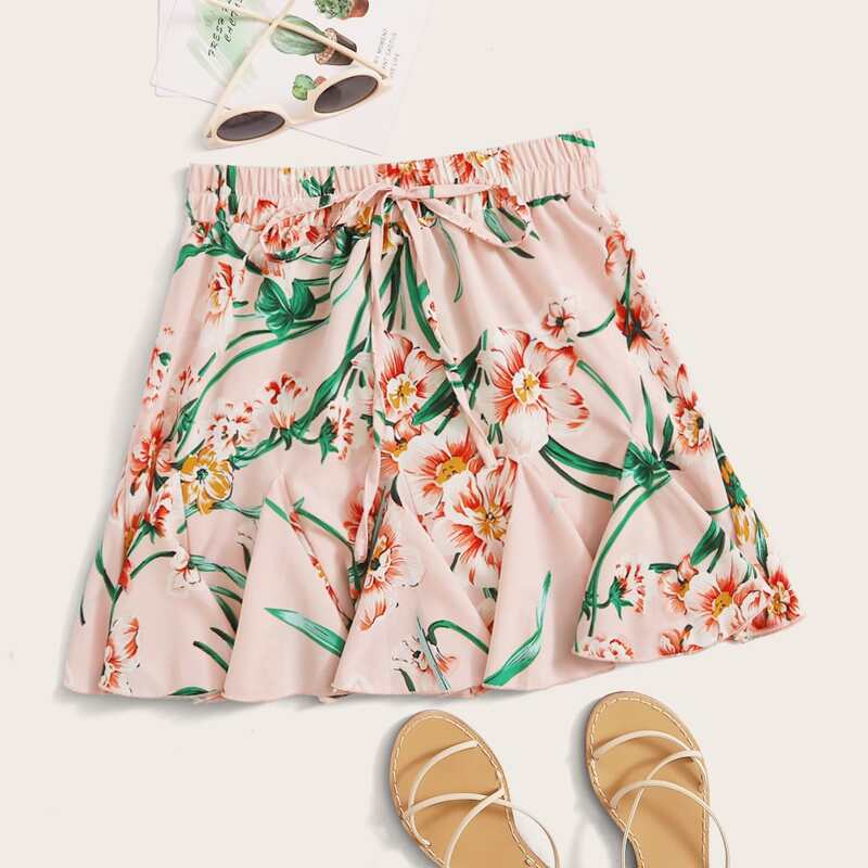 

Floral Drawstring Waist A-line Skirt, Pink