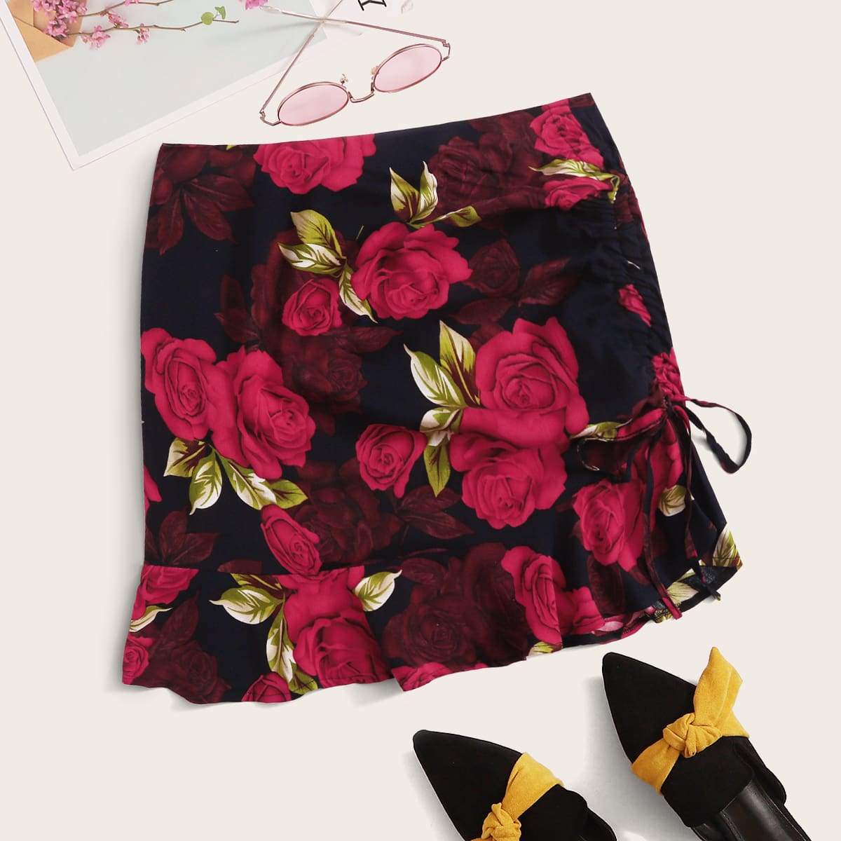 

Large Floral Ruffle Hem Skirt, Multicolor