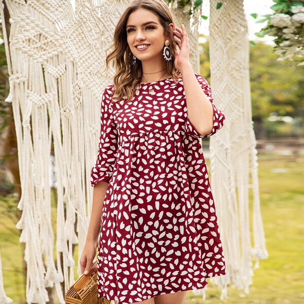 

All Over Petals Print Babydoll Dress, Burgundy