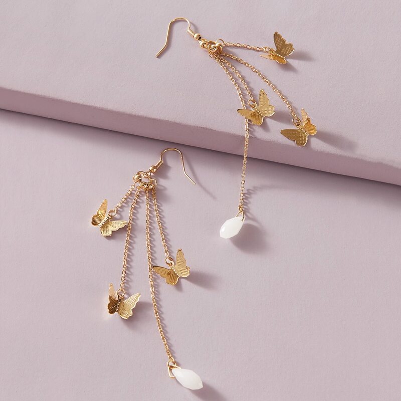 

1pair Butterfly & Faux Pearl Chain Drop Earrings, Gold