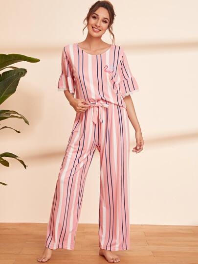 Striped & Flamingo Print Flounce Sleeve PJ Set