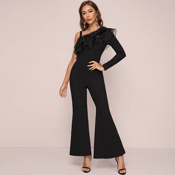

Asymmetrical Shoulder Organza Ruffle Trim Flare Leg Jumpsuit, Black