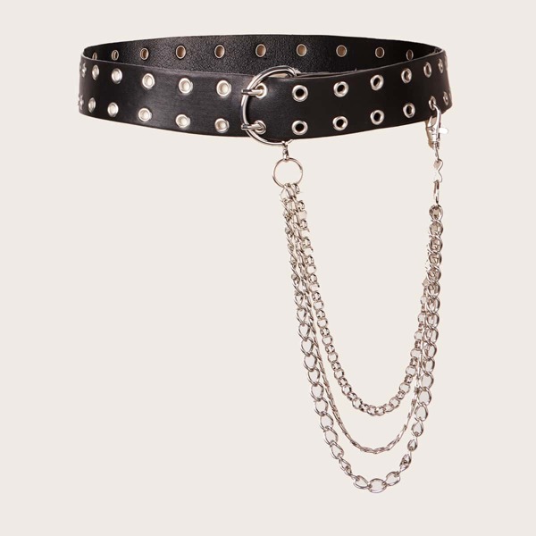 

Chain Decor Eyelet Belt, Black