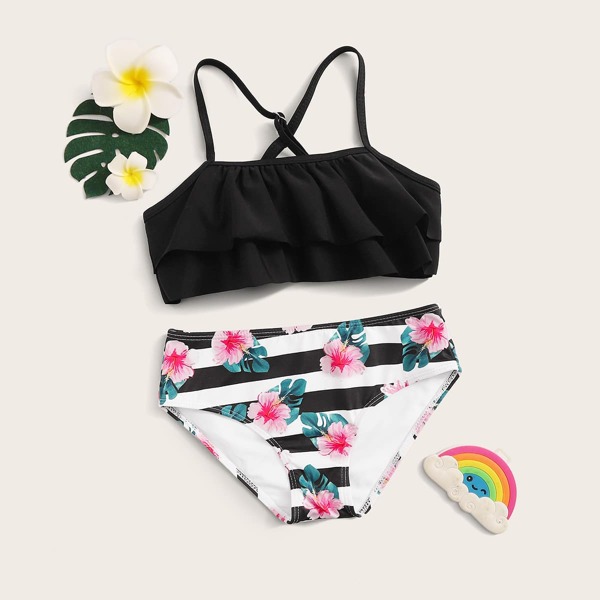 

Girls Tiered Layer Top With Floral Print High Waisted Bikini, Multicolor