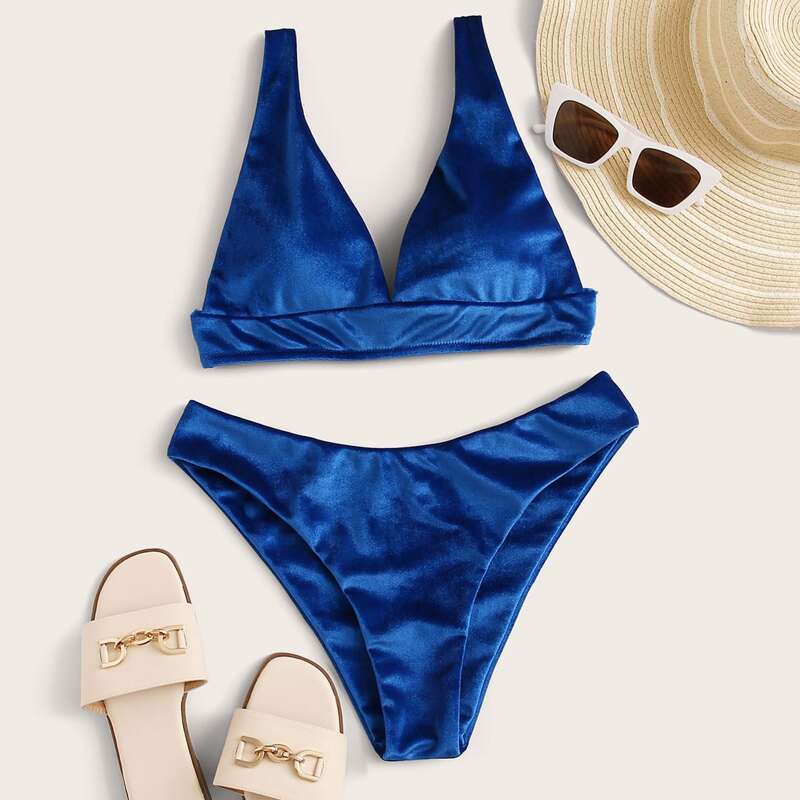 

Velvet Triangle High Cut Bikini Swimsuit, Blue