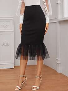 Modelyn Mesh Fishtail Hem Skirt - Black - View 3
