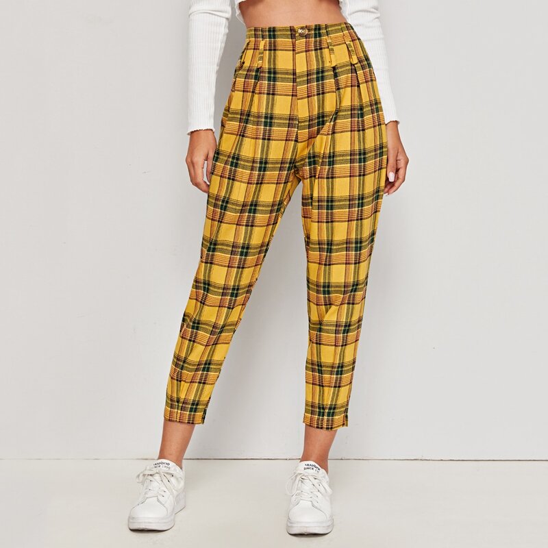

Plaid Button Fly Crop Pants, Yellow