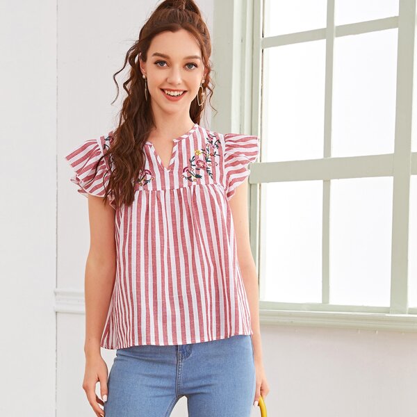 

Ruffle Armhole Embroidered Floral Striped Smock Top, Red