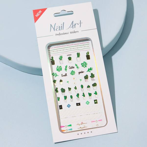 

1sheet Cactus Design Nail Sticker, Green