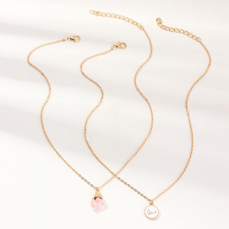 

2pcs Round & Stone Charm Necklace, Multicolor