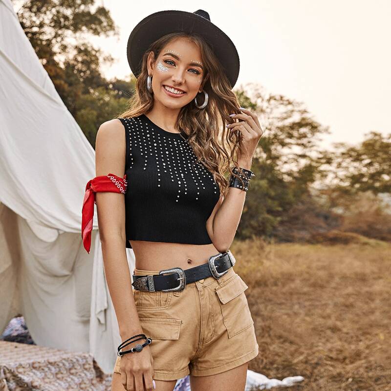 

Rhinestone Beaded Crop Knit Top, Black