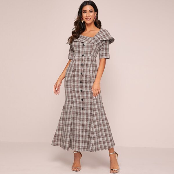 

Single Breasted Ruffle Trim Flared Hem Plaid Dress, Multicolor