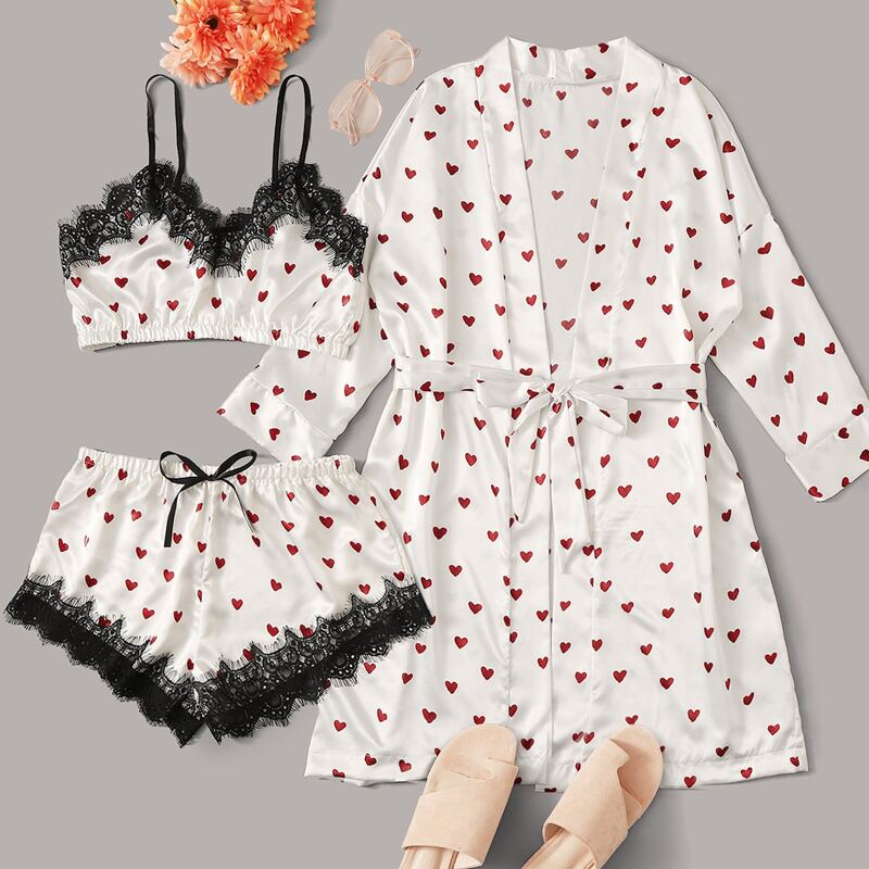 

3pcs Contrast Lace Heart Print Satin PJ Set & Robe, White
