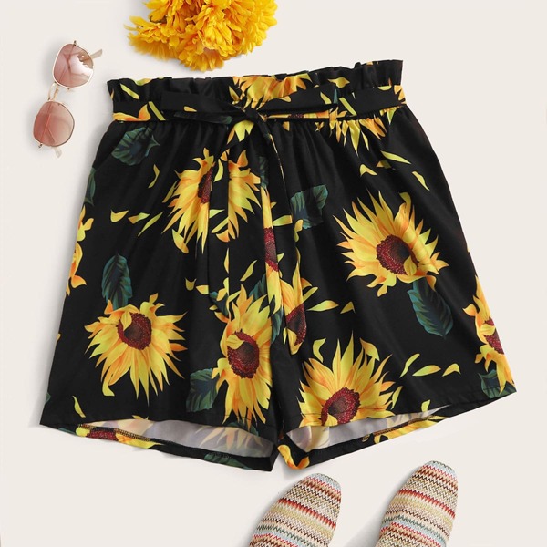 

Plus Belted Floral Print Shorts, Black