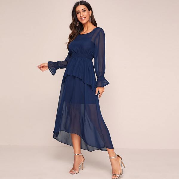 

Flounce Sleeve Shirred Waist Chiffon Dress With Cami Inside, Navy blue